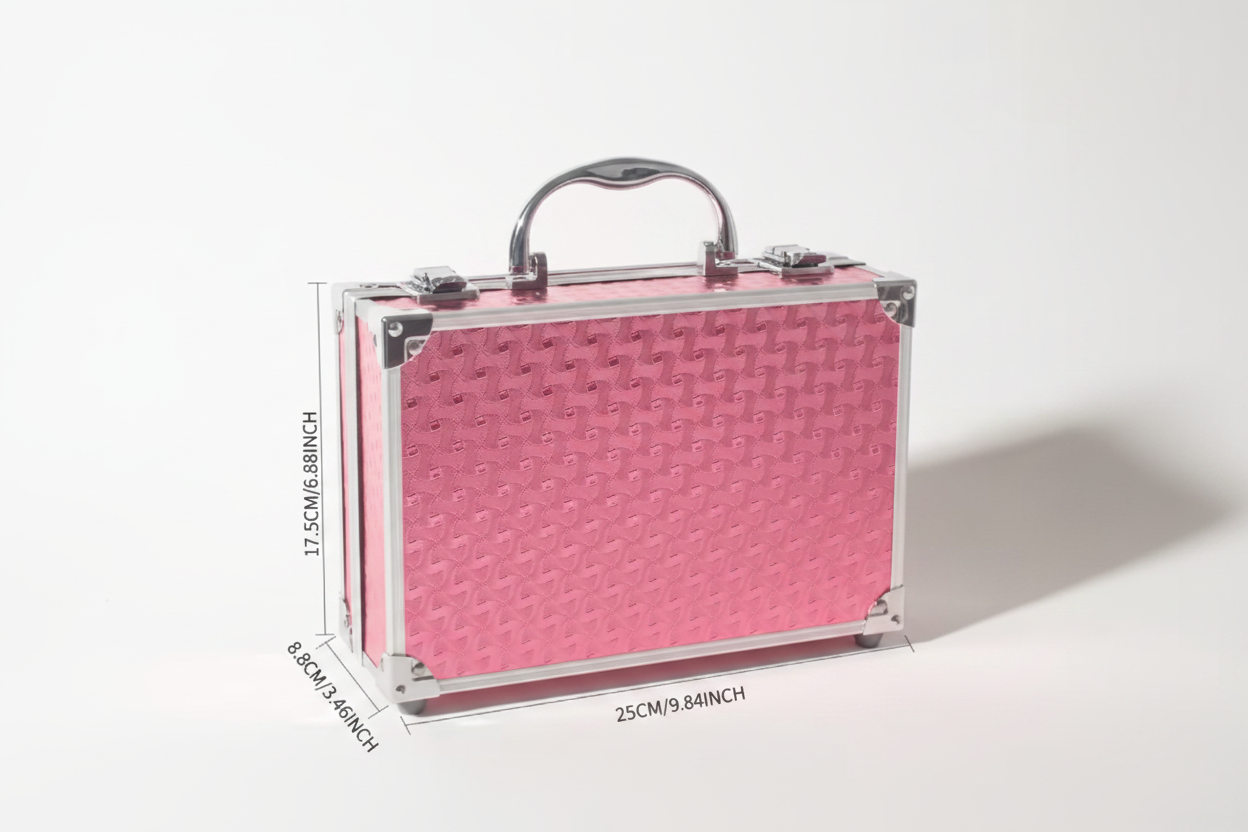 Pink makeup case with dimensions 25cm x 17.5cm x 8.8cm
