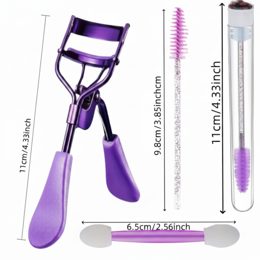 Eyelash curler set with size dimensions on white background
