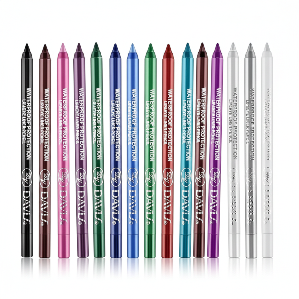 15 colorful eye shadow pencils on white background