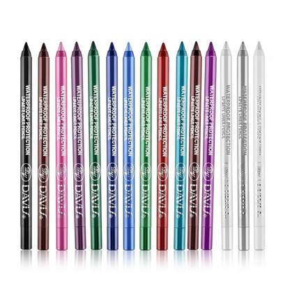 15 colorful eye shadow pencils on white background