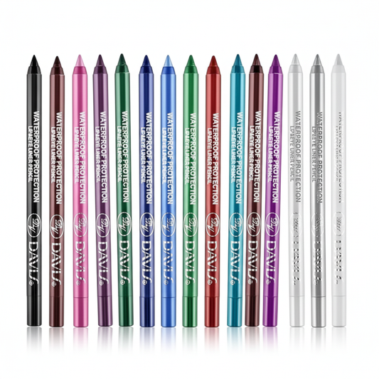 15 colorful eye shadow pencils on white background