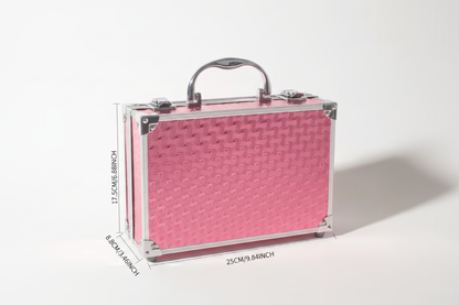 Pink makeup case with dimensions 25cm x 17.5cm x 8.8cm