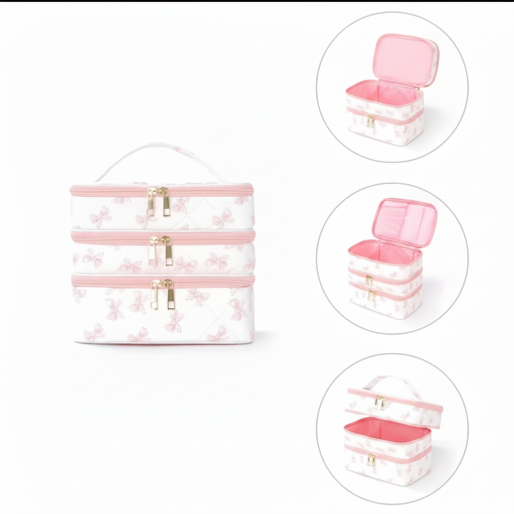 Pink bow travel makeup bag multiple views
