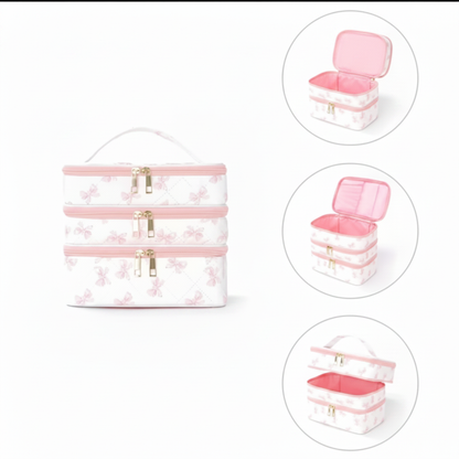 Pink bow travel makeup bag multiple views