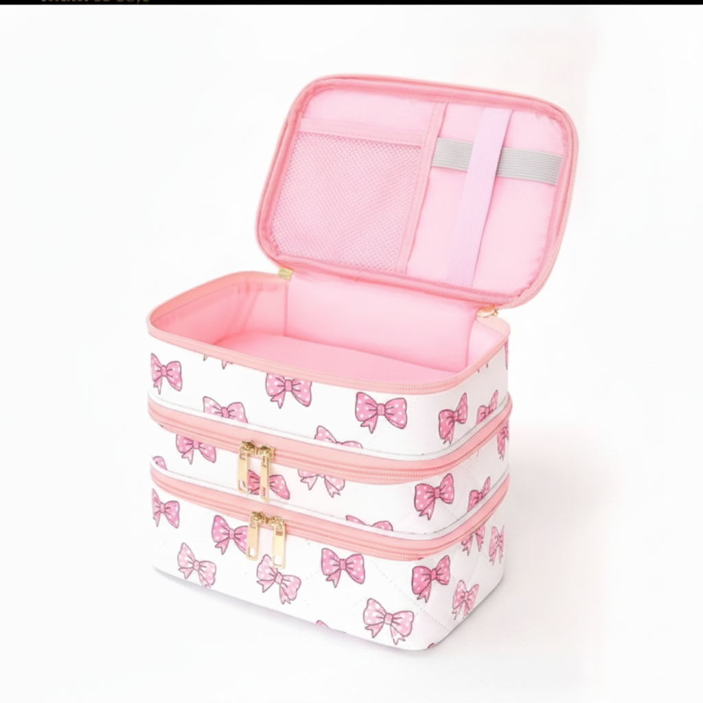 Pink bow travel makeup bag open showing interior compartments