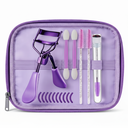 Purple eyelash curler travel kit in purple pouch on white background