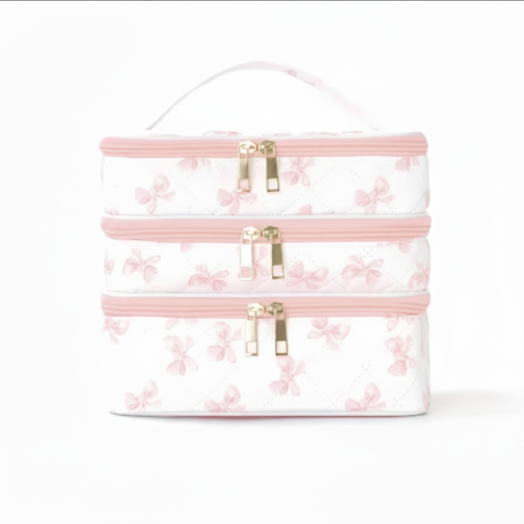 Pink bow travel makeup bag with size dimensions