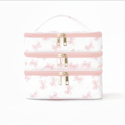 Pink bow travel makeup bag with size dimensions